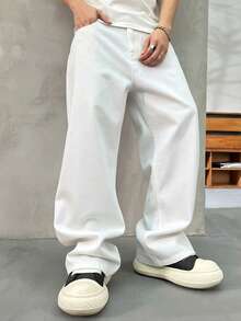 HEHCN Men's Pocket Wide Leg Casual Loose Jeans, Black Street-Style Versatile Pants, Suitable Gift For Husband, Boyfriend - White - View 2