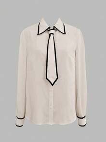 1pc Women's Contrast Color Trim Knot Elegant Long Sleeve Blouse, Suitable For Holiday, Office, Daily Wear, All Seasons Spring - Light Khaki - View 2