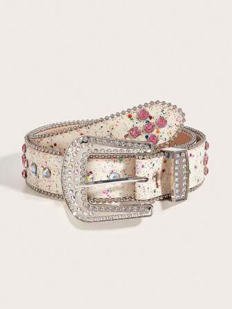 1pc Y2K Style Silver Rhinestone Embellished White Leather Women's Belt, Suitable For Skirts, Jeans, Daily Wear, Fashion, Outdoor, Party, Christmas, Valentine's Day, Back To School, Halloween, Music Festivals, Autumn/Winter Accessory, All Season, Women, Mother, Commute, Vacation, Graduation Gift, Birthday