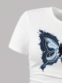 Teen Girls' Casual Everyday Commute Fashion Street Butterfly Print Pleated Fitted Short Sleeve T-Shirt And Pleated Denim Mini Skirt Set, Summer - White - View 4