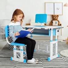 Juego de mesa y silla de estudio ergonómica ajustable - Marco de metal duradero, azul y blanco, ideal para el hogar, la escuela o el entrenamiento, escritorio escolar | Altura ajustable | Diseño ergonómico, mesa de estudio CINTHYA MX Azul - Celeste - Ver 5