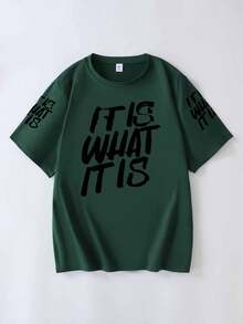 大尺碼女款T恤，印有「IT IS WHAT IT IS」標語，適合春夏穿著，適合日常穿著 - 綠色 - 查看 2