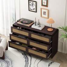 130CM Arc Shaped Corner Rattan Cabinet, 6-Drawers Rattan Storage Cabinet Rattan Drawer, For Living Room Bedroom,And Kitchen, Reddish-Brown, Brown - 彩色 - 查看 3