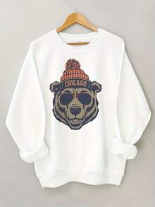 Vintage Chicago Bear Graphic Crewneck Sweatshirt - Black Bear With Orange Beanie & Sunglasses, Blue 'CHICAGO' Text, Casual Retro Pullover For Streetwear Enthusiasts-Women's Crew Neck Sweatshirt Casual Loose Long Sleeve Pullover - 白色 - 查看 12