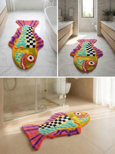 Tapete assimétrico criativo com estampa de peixes coloridos e feios para banheiro (1 peça), em material de lã sintética, adequado para banheiro, piso do banheiro, sala de estar e hall de entrada (tamanho pequeno: 40 cm x 60 cm).