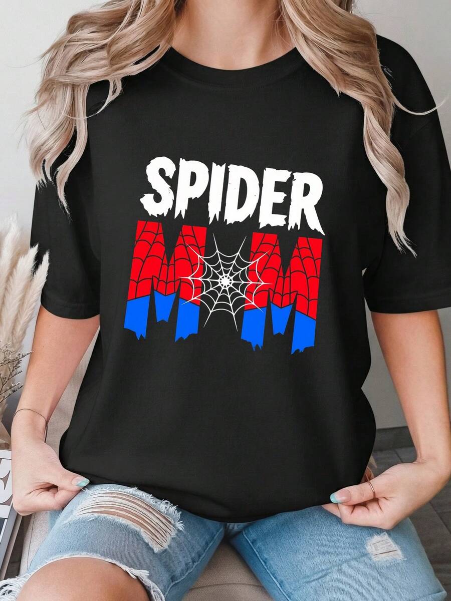 Spider Web Mom T-Shirt 100% Cotton Short Sleeve Crew Neck Mothers Day Birthday Gift For Women Superhero Graphic Tee Funny Mommy Spidey Design Novelty Soft Breathable Casual Summe-3 - Noir 2 - Voir 1