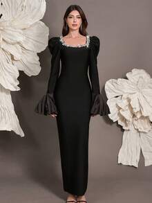 Handmade Beaded Flare Sleeve Knit Bandage Bodycon Dress, Luxury Sexy Fitted Cocktail Party Gown For Holiday, Family Gathering, Evening Event - Black - View 6