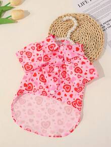 1pc Pet Dog Romantic Stylish Valentine's Day Outfit, Soft & Comfortable/Contrast Heart Print/Designed Short Sleeve Shirt, Suitable For Puppy/Small Dogs In Spring, Summer, Autumn, Valentine's Day Party Wear, Versatile - Pink - View 12
