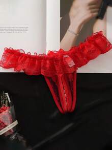 1 Pieza Tanga Sexy De Encaje Sin Entrepierna Con Detalle De Perla De Masaje - Rojo - Ver 3