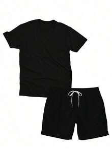 Men's Adult Cotton T-Shirt + Plain Tectel Shorts Kit - Various Colors - Black - View 3