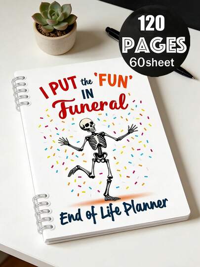 Rolig anteckningsbok för begravningsplanering i A5-storlek - spiralbunden, skelettmönster, tryckt med texten "Jag gör begravningar roliga" - guide till vård i livets slutskede, minnesgåva vid sorg, anteckningsbok för begravningsplanering - fetstil, hållbar spiralbindning - lämplig för sörjande familjer, begravningsbyråer, universitet och kontor, bärbar och hållbar, perfekt för daglig anteckningsförmåga