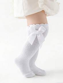 3双女婴可爱蝴蝶结装饰中筒袜，甜美泡泡设计及膝袜，四季皆宜 - 白色 - 查看 7