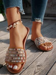 Dép xăng đan đế bằng phong cách Bohemian mùa xuân/hè dành cho nữ, kiểu dáng đi biển, chất liệu vải, điểm nhấn kim loại, nhẹ, thời trang, thoải mái, màu trơn, sang trọng, phù hợp cho du lịch, ở nhà và nghỉ mát. - màu nâu - Xem 5