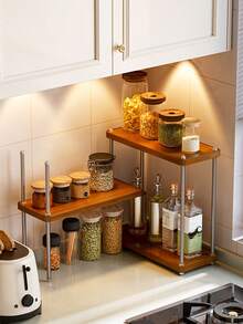 多功能三层木质置物架，厨房调料罐架兼碗碟架，加厚耐用，适用于厨房、餐厅、家庭办公室、咖啡馆等场所。