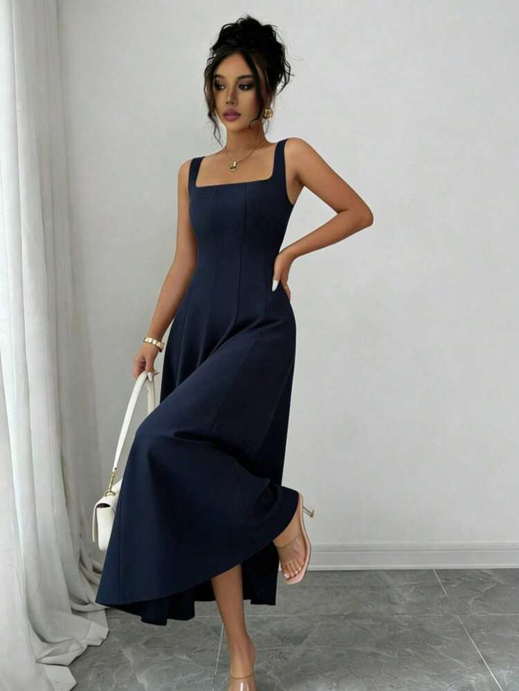 Einfarbiges, elegantes, lässiges Rückenfreies Reißverschluss-Kleid, geeignet für Hochzeiten, formelle Abendpartys im Sommer - marineblau - Übersicht 3