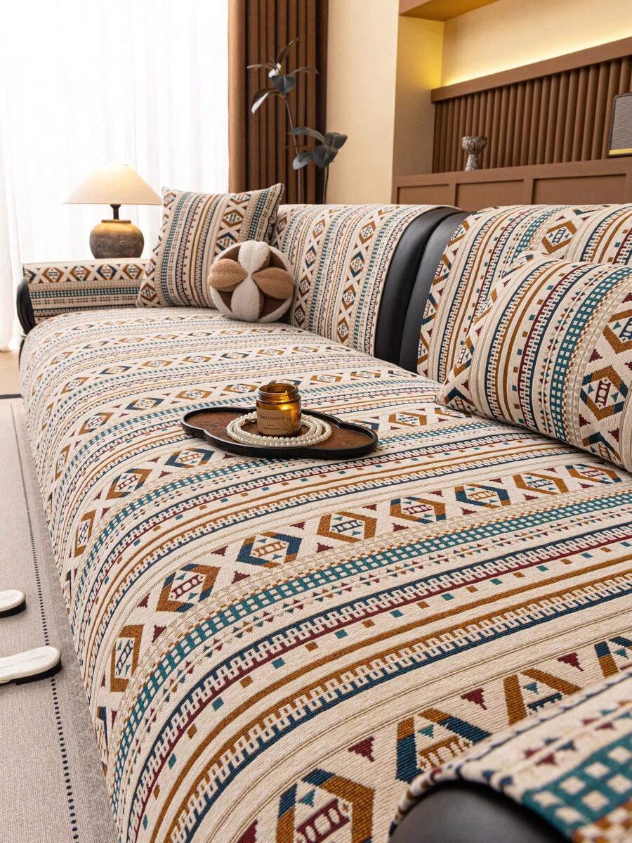 1件浪漫波西米亚风雪尼尔沙发套,高密度加厚设计,四季皆宜,沙发保护套防滑防刮,宠物友好,防滑防污,适用于客厅、卧室、书房,1/2/3/4人座带扶手和靠背沙发套 - 米色 - 查看 1