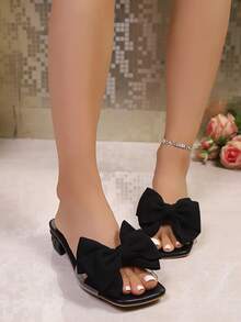 French Bow Square Toe Chunky Heel Casual Versatile Slip-On Mule Sandals, Fashionable - Black - View 3