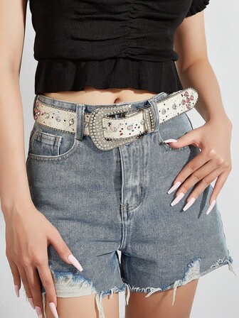 1 st Y2K-stil silverfärgat strassutsmyckat vitt läderbälte för kvinnor, lämpligt för kjolar, jeans, vardagskläder, mode, utomhus, fest, jul, alla hjärtans dag, skolstart, halloween, musikfestivaler, höst-/vinteraccessoarer, året runt, kvinnor, mamma, pendling, semester, examenspresent, födelsedag