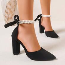 Women's Fashion Faux Suede Pointed Toe Chunky Heel Platform Shoes, Decorated With Faux Pearl And Bow, Ankle Strap Design High Heels, Suitable For Spring, Summer, Autumn And Winter, Elegant And Exquisite Black Sandals - Black - View 8