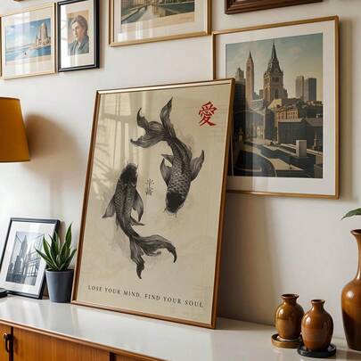 1pc Black Koi Fish Painting, Japanese Style Wall Decoration, Vintage Painting, Fashionable Wall Decoration, Exquisite Wall Decoration, Koi Fish Poster, Japanese Painting, Suitable For Home Decoration, Room Decoration, Bedroom Decoration, Living Room Decoration, Bathroom Decoration, Wall Decoration, Optional Wall Art With Frame.