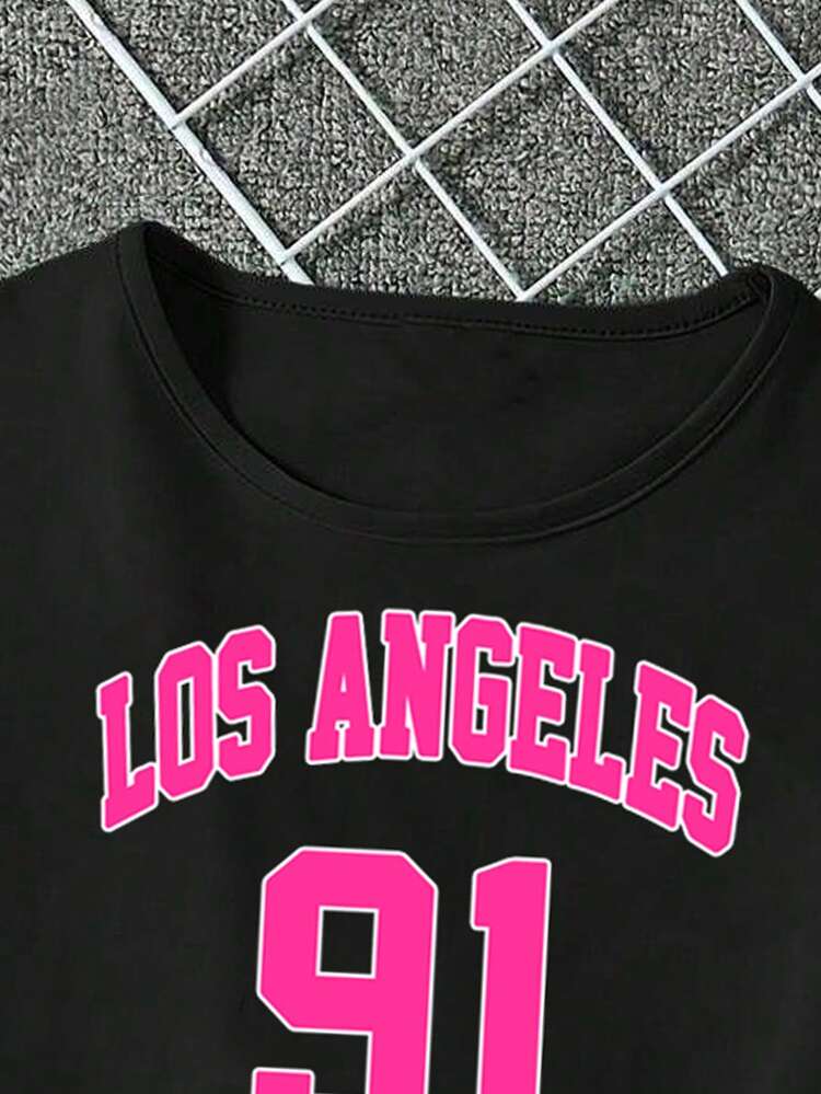 Girls Letter Print Loose Short Sleeve T-Shirt And Shorts Set, Featuring Simple Korean Style Round Neck Design, Fashionable Cropped Design, Suitable For Summer Wear - Black - View 3