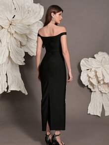 Vestido de punto con aplicaciones de strass hechas a mano, silueta ajustada, estilo europeo de lujo, adecuado para reuniones familiares, fiestas, galas y eventos formales - Negro - Ver 7