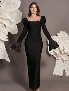 Handmade Beaded Flare Sleeve Knit Bandage Bodycon Dress, Luxury Sexy Fitted Cocktail Party Gown For Holiday, Family Gathering, Evening Event - Black - View 2