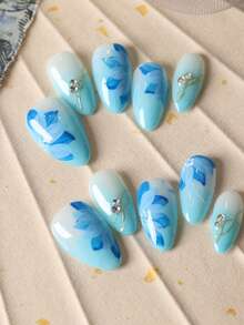 10pcs Acrylic Press-On Nails, Almond Shape, Blue Ombre Floral Design, Artificial Nails, Nail Art Set, Includes 1 Adhesive Sticker Sheet And 1 Mini Nail File - Multicolor - View 2