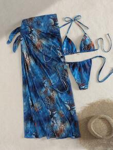 3pcs Women's Sexy Floral Print Bikini Set With Tie-Up Back And Mesh Skirt, Summer - Blue - View 2