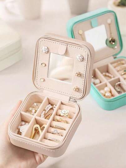 1pc Mini Jewelry Storage Box, Travel Jewelry Zipper Case, Earring Necklace Ring Portable Jewelry Box, Leather Cosmetic Organizer, Multi-Functional Jewelry Storage Box, Jewelry Organization, Compact Jewelry Box