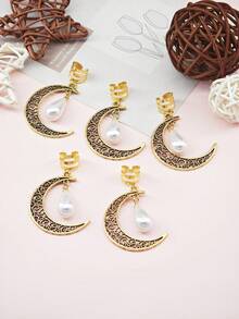 5pcs Moon & Pearl Braided Hair Clips, Metal Beads Hair Pins, Fashion Hair Accessories Clips, Student Supplies - Gold - View 3