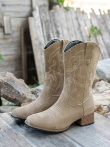 Women's Western Fabric Embroidered Square Toe Chunky Heel Festival Outdoor Western Boots - Khaki - View 8