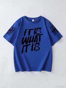 大尺碼女款T恤，印有「IT IS WHAT IT IS」字樣，適合春夏穿著，適合日常休閒穿著 - 藍色 - 查看 2