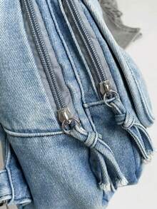 1pc Solid Color Cute Puppy Cartoon Embroidered Denim Fabric Zipper Closure Fashion Casual Messenger Bag/Backpack For Men, Suitable For Daily Commute, Work, School, Outing, Short Trip - Light Blue - View 6