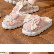 Women's Home Use Slippers - Filled With Padding, Thick And Warm, Cute With A Bow, Cotton Slippers With Thick Soles And Fluffy Texture - Maternity Indoor Home Use Thick-Soled Plush Slippers - 粉色 - 查看 9