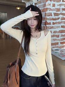 Casual Solid Color Open Shoulder Halter Neck 2 In 1 Top - Apricot - View 8