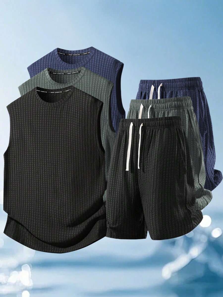 2pcs Men Summer Textured Grid Knit Sleeveless Tank Top And Shorts Set, Soft & Comfortable, Casual Sportswear Suitable For Daily Wear, Workout, Leisure Gathering - Black - View 1