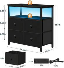 Owii Mesita de Noche Moderna con Carga y 4 Cajones de Tela, Nochero LED 3 Niveles con Estantería,Mesa Auxiliar de Madera para Dormitorio, Sala u Oficina 62*30*60CM (Negro) - Marrón - Ver 2