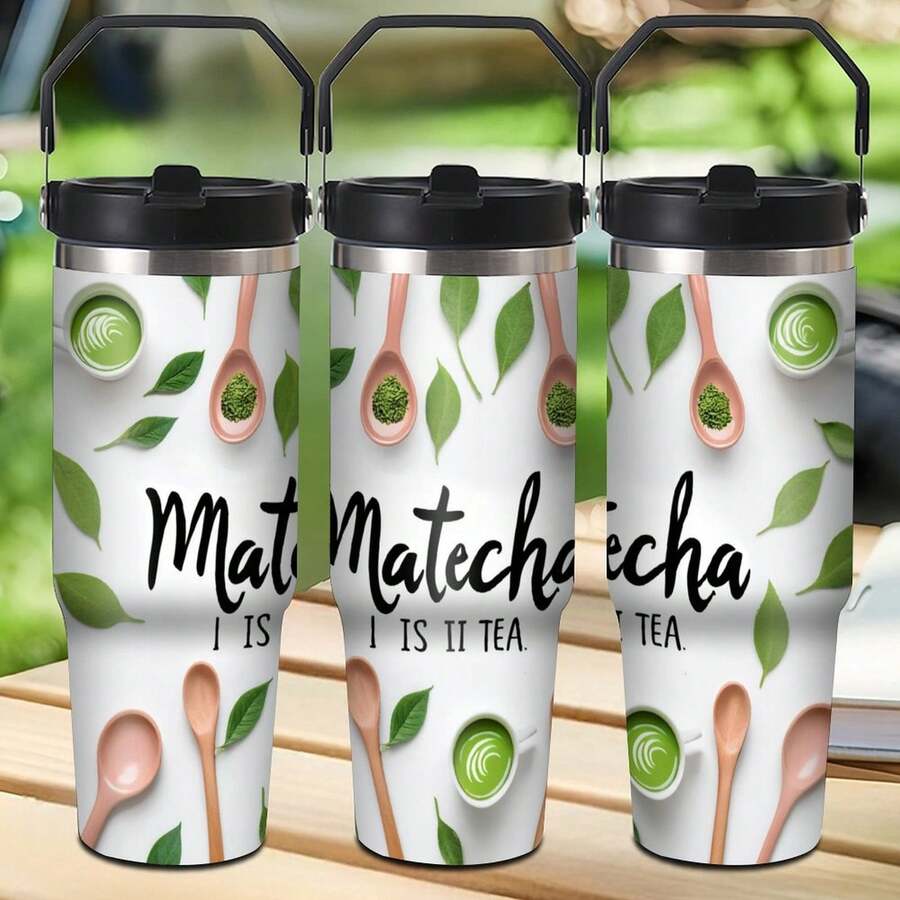 30oz Matcha Tea Leaves Spoons Cups Tumbler - Large Double Wall Vacuum Insulated Travel Mug With Spill Proof Lid | Gift For Valentine's Day, Mother's Day, Father's Day, Easter | Ideal For Hot Coffee, Tea, Cocoa & Cold Drinks | Perfect For Office, Travel, Outdoor & Daily Use - màu đen - Xem 1