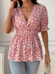 Fresh Daisy Print, Waist Ruched Design, Cute Puff Sleeve, Romantic V-Neck, Slim Fit Waist Style, Lightweight Chiffon Fabric, Soft Pink Top, Sweet And Fresh Style, Suitable For Dates, Shopping, Picnics, Photography, Summer, Beach Vacations Or Afternoon Tea With Friends. - Pink - View 4