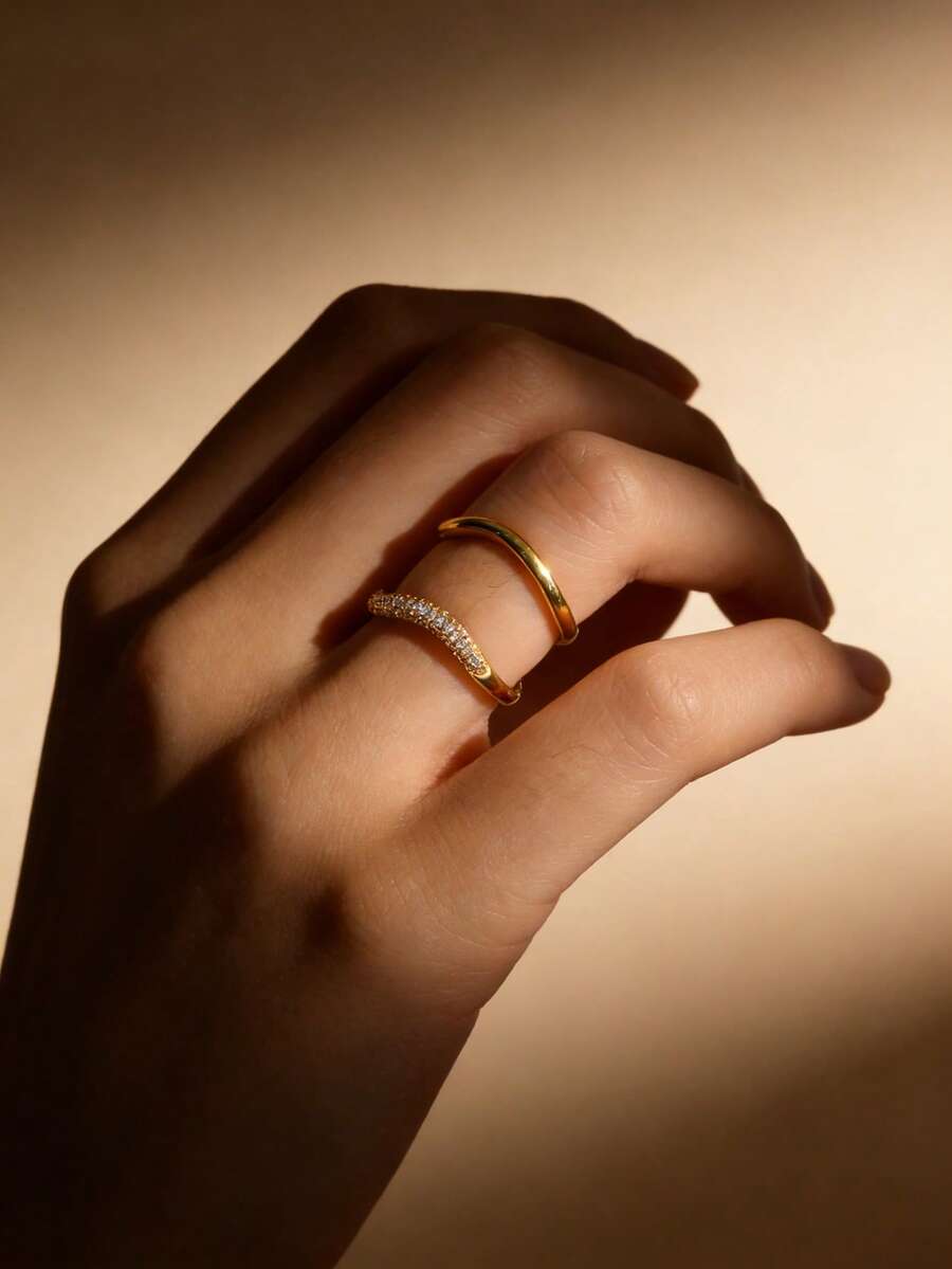 2pcs/Set Minimalist Rhinestone Wavy Design Stackable Rings, Versatile Accessory, Holiday Gift - Multicolor - View 1