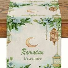 One Piece Set Of Ramadan Themed Table Runner, Featuring A Simple Ramadan Pattern Design - Green As The Main Color, Gold Crescent And Lantern Patterns, With Fresh Green Leaves And Floral Decorations. Polyester Rectangular Tablecloth, Suitable For Kitchens, Restaurants, Parties, And Homes, As Well As Rural Holiday Decorations. Available In Various Sizes, It Is An Ideal Choice As A Gift. - Multicolor - View 20