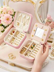 1pc Mini Jewelry Storage Box, Travel Jewelry Zipper Case, Earring Necklace Ring Portable Jewelry Box, Leather Cosmetic Organizer, Multi-Functional Jewelry Storage Box, Jewelry Organization, Compact Jewelry Box - Multicolor - View 3