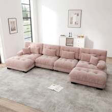 Modular Ecksofa, U-Shaped Couch Set For Wohnzimmer, 4-Sitzer Comfortable Cloud Couches Mit Beweglichem Ottoman, DIY-Kombination, Chenille, Pink - Baby Pink - View 4