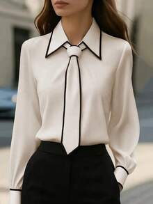 1pc Women's Contrast Color Trim Knot Elegant Long Sleeve Blouse, Suitable For Holiday, Office, Daily Wear, All Seasons Spring - Light Khaki - View 5