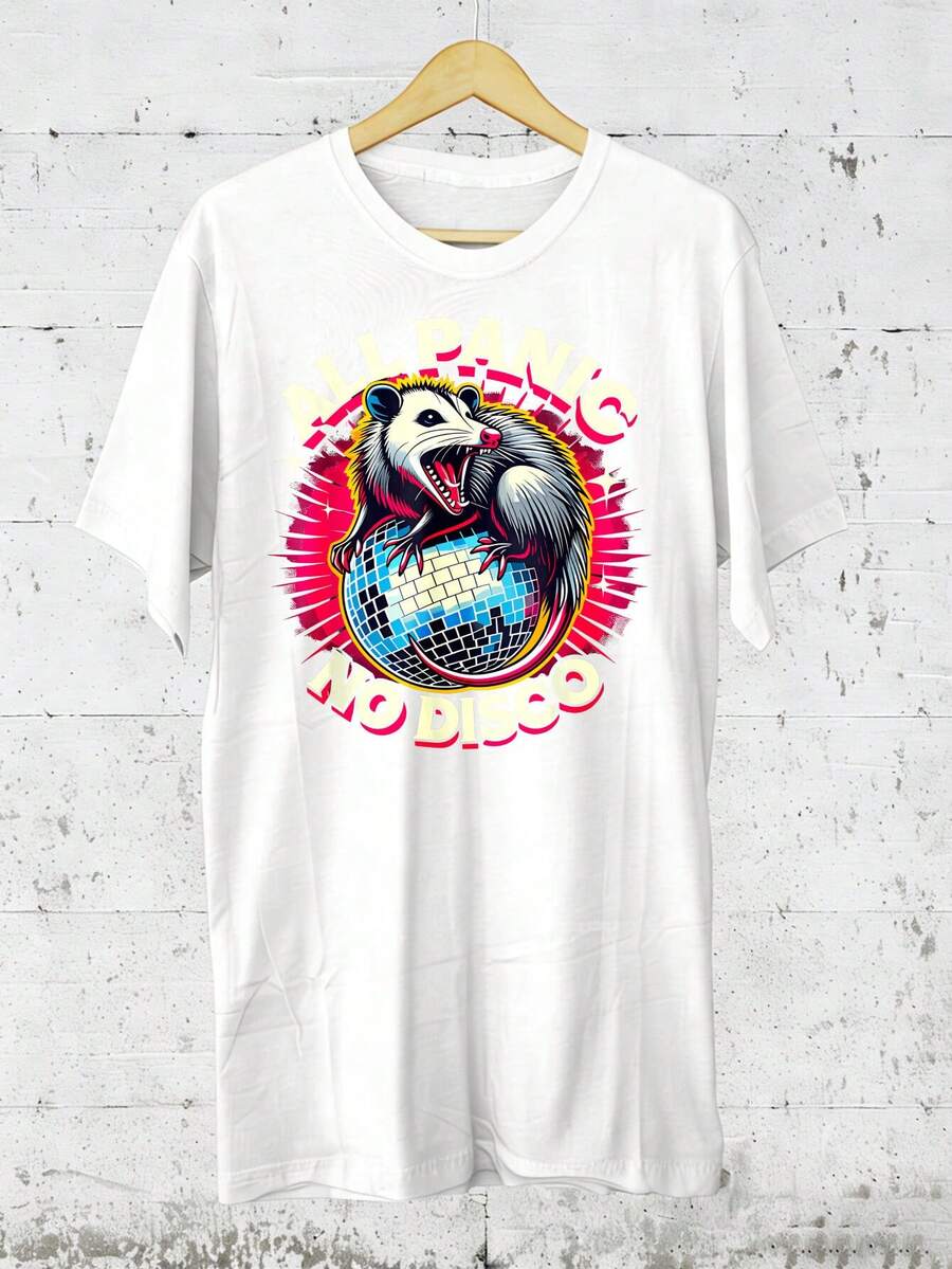 All Panic No Disco Opossum Funny Screaming Possum T-Shirt, 100% Cotton, Casual American Minimalist Men's Graphic Print Short Sleeve Crew Neck T-Shirt - 白色 - 查看 1