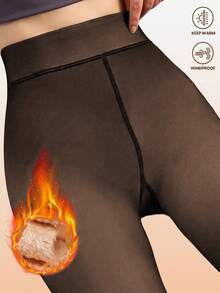 1 件 220 克女士性感透明黑色紧身裤，适合春/秋/冬季商务和性感穿着，保暖衬里紧身裤，羊毛衬里紧身裤，时尚百搭紧身裤