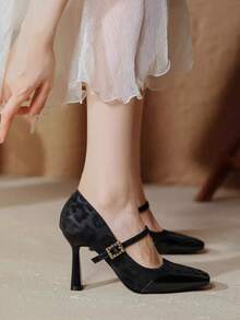 Zapatos Mary Jane con punta cuadrada y tachuelas, Tacones altos negros versátiles con hebilla, Tacones gruesos rojos de charol con efecto de patente y diseño sexy deslizante para mujer - Negro - Ver 4