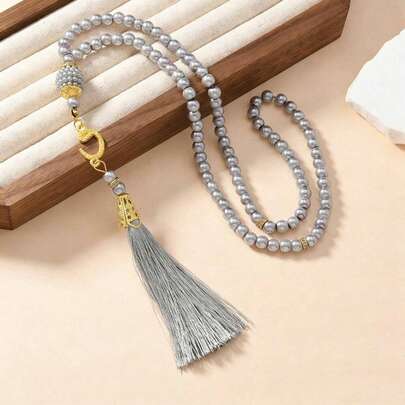 라마단 예배 및 아랍어 찬양 팔찌를 위한 1줄/12줄 기도 구슬, 99개의 유리 가짜 진주 구슬. 라마단 묵주 구슬, 99개의 유리 진주 태슬 팔찌, 일상 착용 및 예배용, 라마단 작은 선물