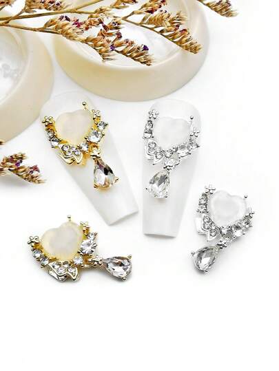 10pcs/Pack Heart Shaped Tassel Alloy Rhinestone Nail Art Jewelry, 3D Metal Heart Cat Eye Stone Water Drop Pendant Crystal Glass Nail Decor DIY Accessories For Girls & Women